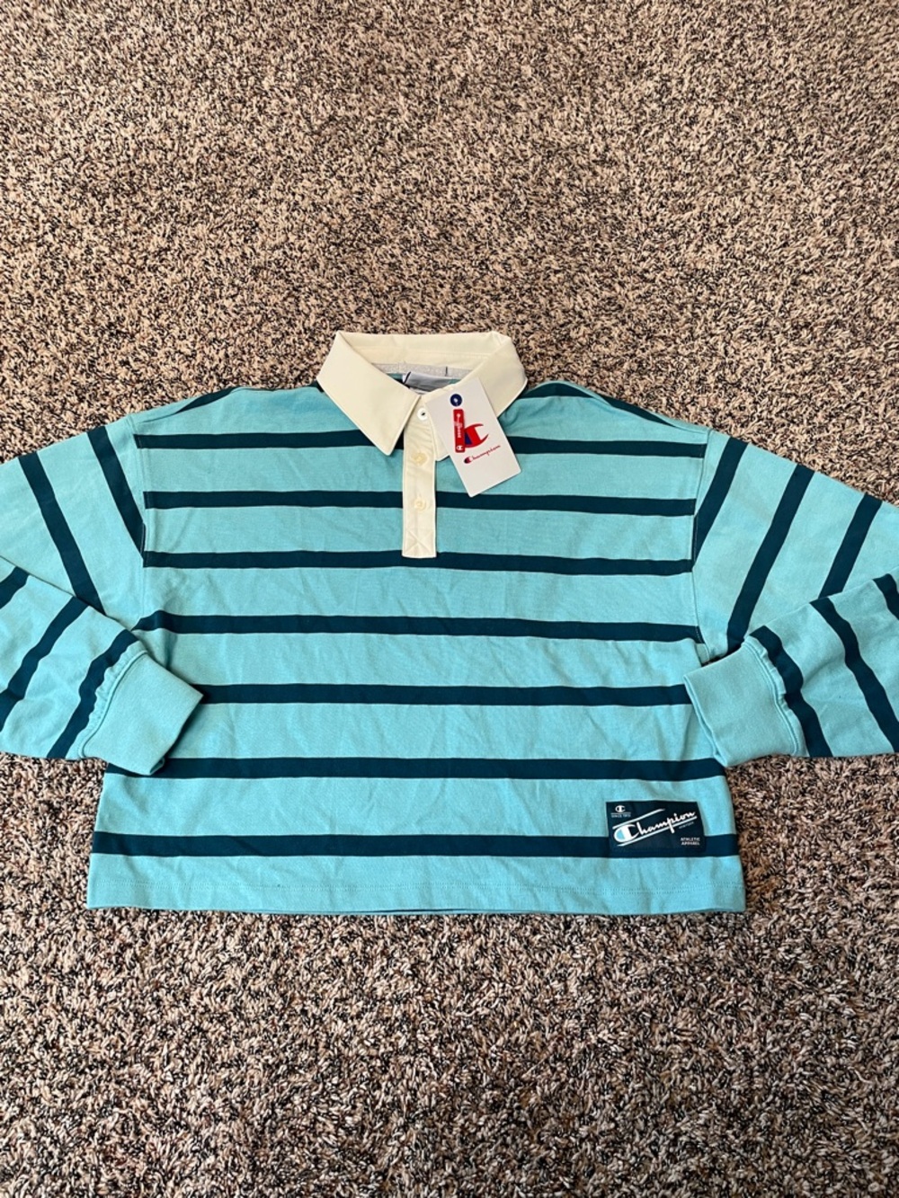 Champion Point Cropped Rugby Tee Milky Way Stripe Blue Collared Var Sizes NWT